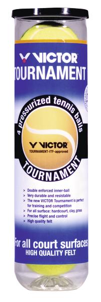Victor Tournament Druckluft-Tennisbälle im 4er-Pack für alle Platzarten, langlebig und hochwertig.