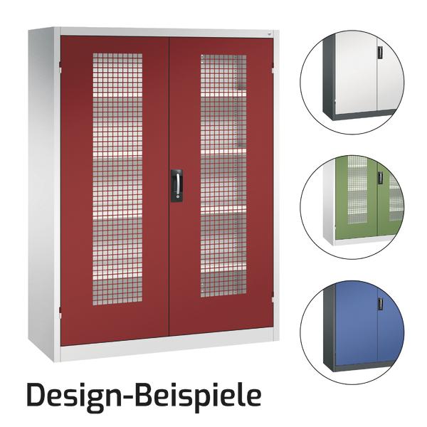 Metall-Schrank mit roten Gittertüren und drei Farbvarianten in Weiß, Grün und Blau, Design-Beispiele.