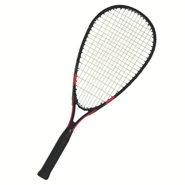 Schwarzer und roter Squash-Schläger mit bespannter Schlagfläche auf weißem Hintergrund