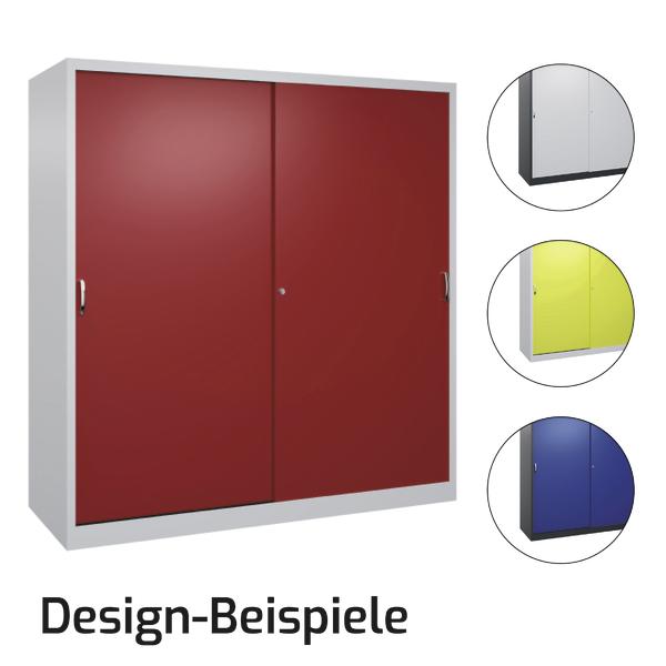 Schrank mit roten Schiebetüren und weißen Rahmen, Design-Beispiele in verschiedenen Farben.