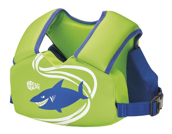 Grünes Kinder-Schwimmweste mit blauem Hai-Motiv und verstellbarem Gurt für sicheren Wasserspaß.