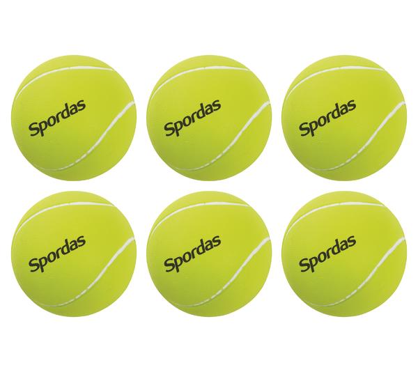 Sechs gelbe Tennisbälle mit der Aufschrift "Spordas" auf weißem Hintergrund.