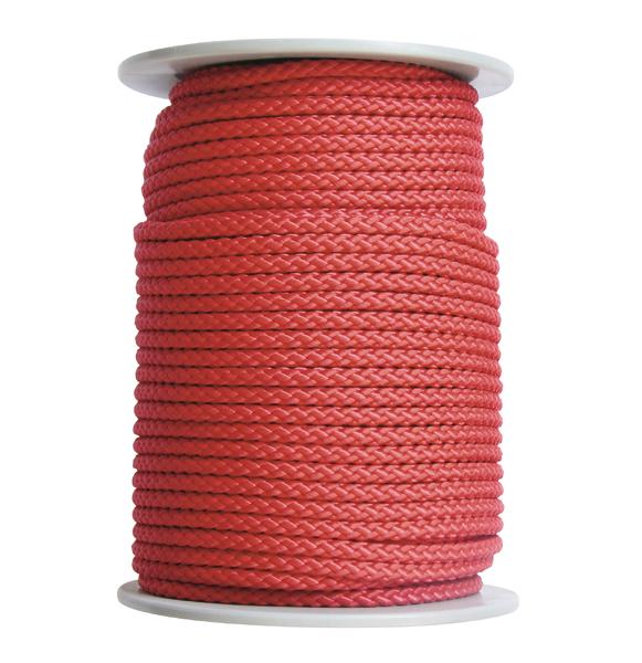 Roter geflochtener Nylonseil auf weißer Kunststoffspule, ideal für Outdoor und Handwerk.