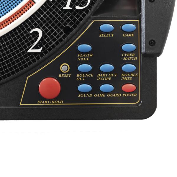 Elektronisches Dartscheiben-Bedienfeld mit blauen und roten Tasten für Spielsteuerung.