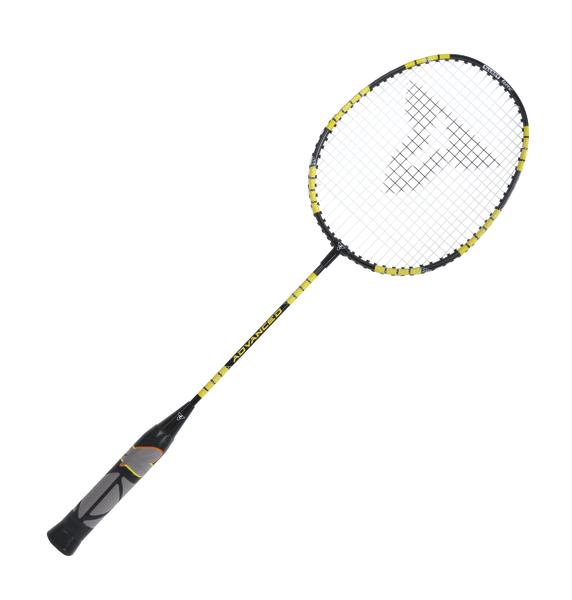 Schwarzer und gelber Badmintonschläger mit bespannter Schlagfläche auf weißem Hintergrund.