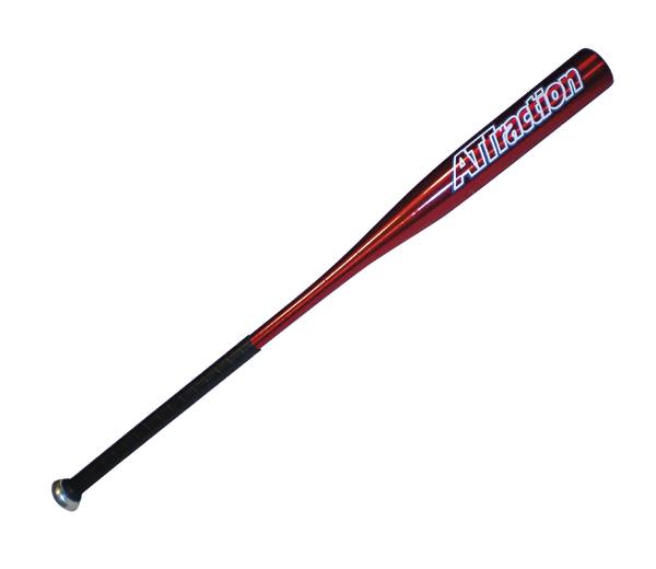 Roter Baseballschläger mit schwarzem Griff und Aufschrift "Alltraction" auf weißem Hintergrund.