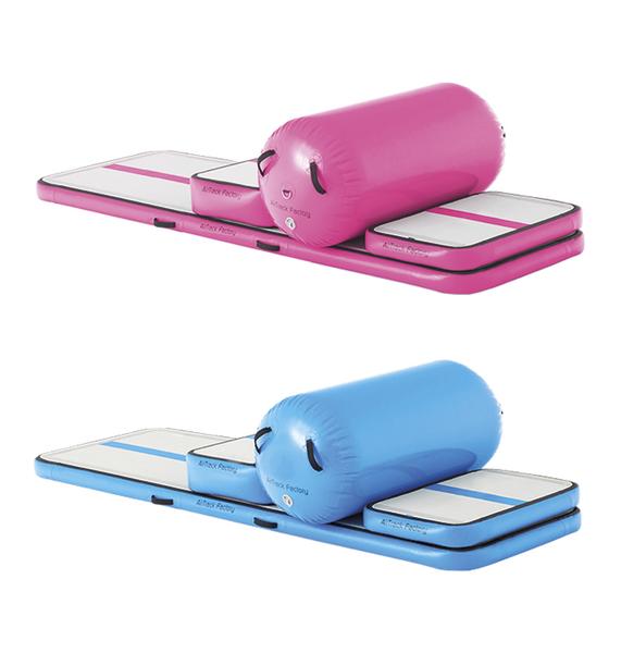 Pinkes und blaues aufblasbares Airtrack Turnmatten-Set mit Rolle für Gymnastik und Training.