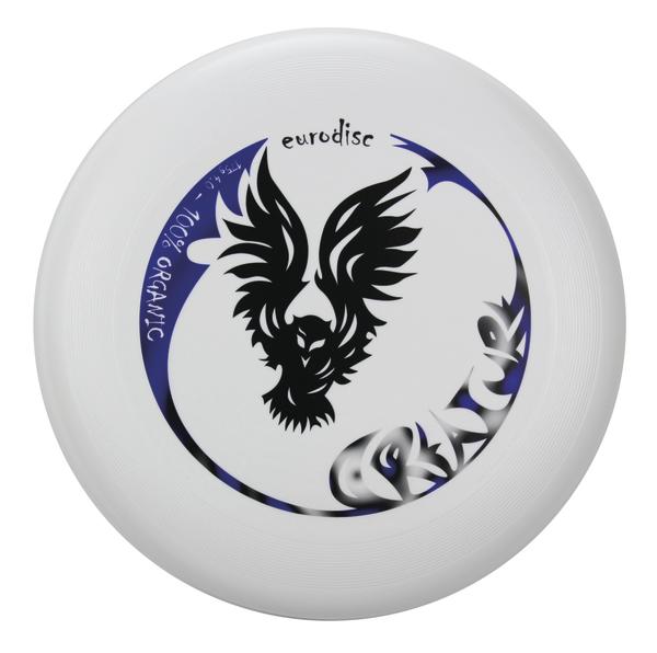 Weißer Eurodisc Frisbee mit schwarzem Adler-Logo und blauem Design, 100% organic.