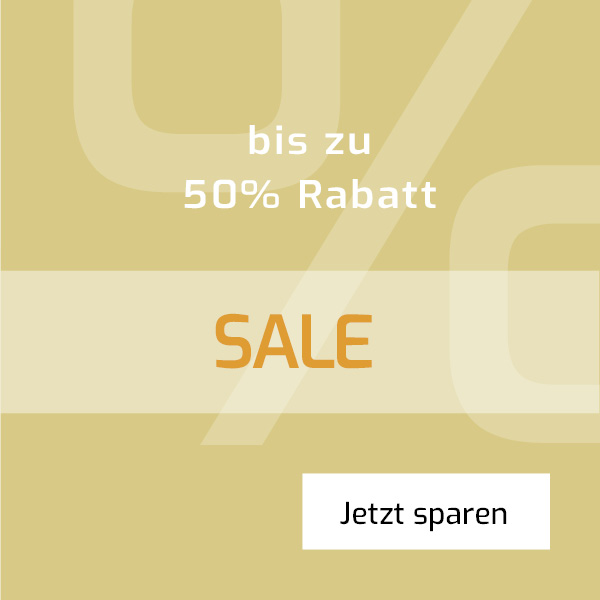 Werbegrafik für einen Sale: Auf einem ockerfarbenen Hintergrund mit einem blassen Prozentzeichen steht der Text "bis zu 50% Rabatt" und "SALE" sowie ein Button mit der Aufschrift "Jetzt sparen".